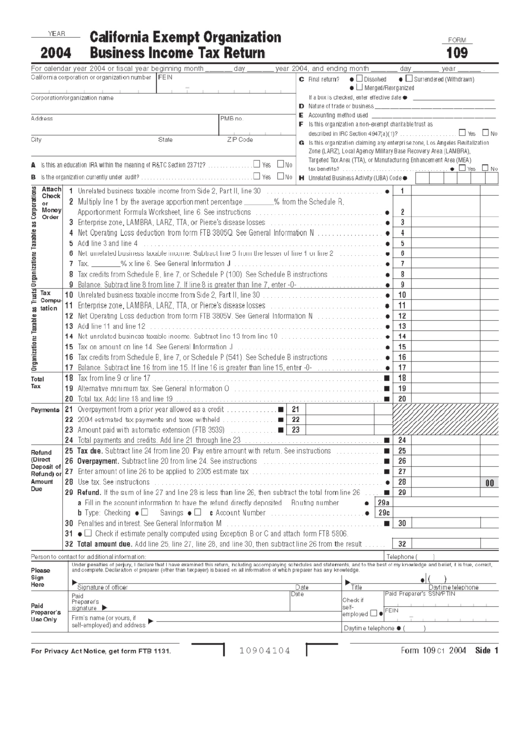 Form 109 - California Exempt Organization Business Income Tax Return - 2004 Printable pdf