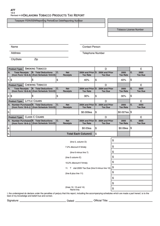 Form Att - Oklahoma Tobacco Products Tax Report Printable pdf