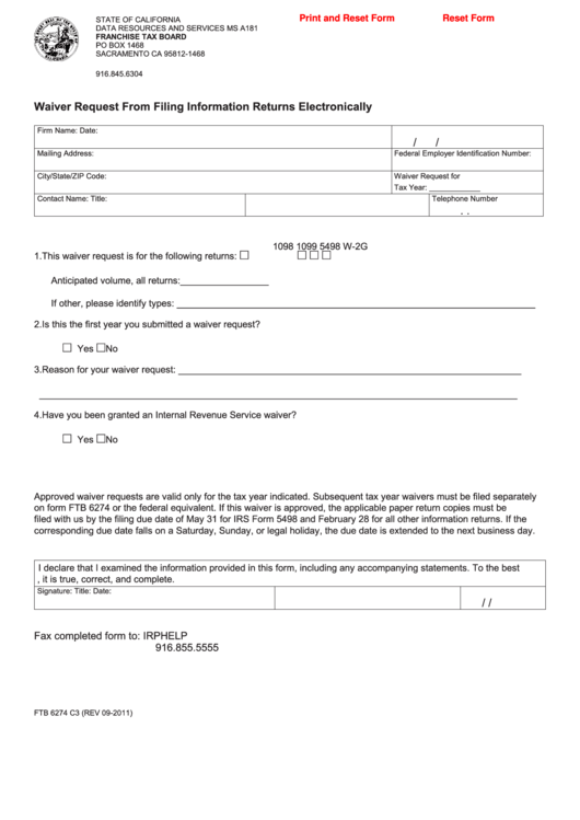 Fillable Form Ftb 6274 C3 - Waiver Request From Filing Information Returns Electronically Printable pdf