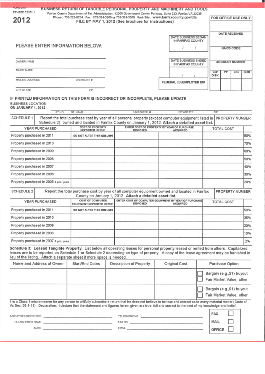 Form 2ta - Business Return Of Tangible Personal Property And Machinery And Tools - Fairfax Country Department Of Tax Administration - 2012 Printable pdf