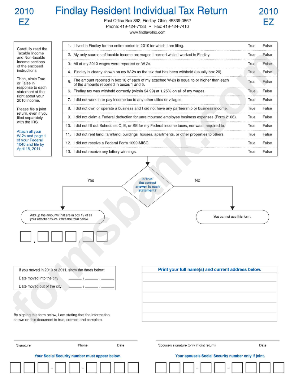 Form Ez - Findlay Resident Individual Rax Return - 2010