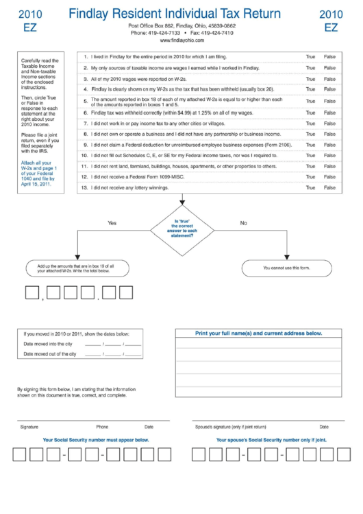 Form Ez - Findlay Resident Individual Rax Return - 2010 Printable pdf