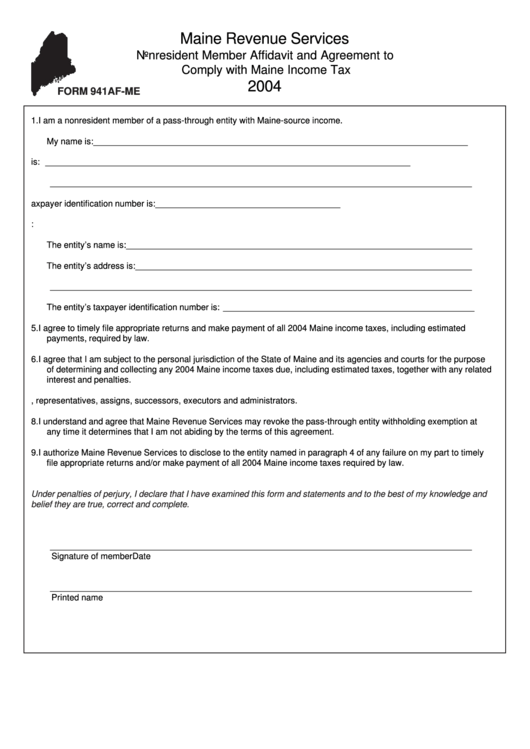 Form 941af-Me - Nonresident Member Affidavit And Agreement To Comply With Maine Income Tax - Maine Revenue Services - 2004 Printable pdf