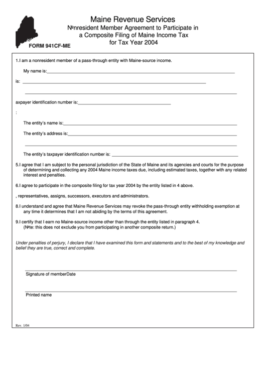 Form 941cf-Me - Nonresident Member Agreement To Participate In A Composite Filing Of Maine Income Tax For Tax Year 2004 Printable pdf