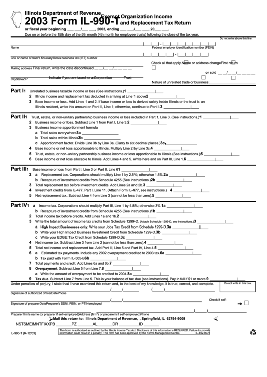 Form Il-990-T - Exempt Organization Income And Replacement Tax Return - 2003 Printable pdf