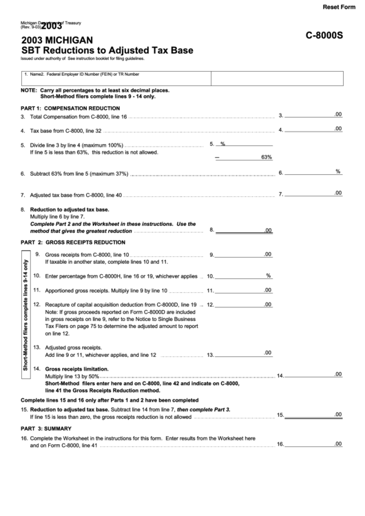Fillable Form C-8000s - Michigan Sbt Reductions To Adjusted Tax Base - 2003 Printable pdf