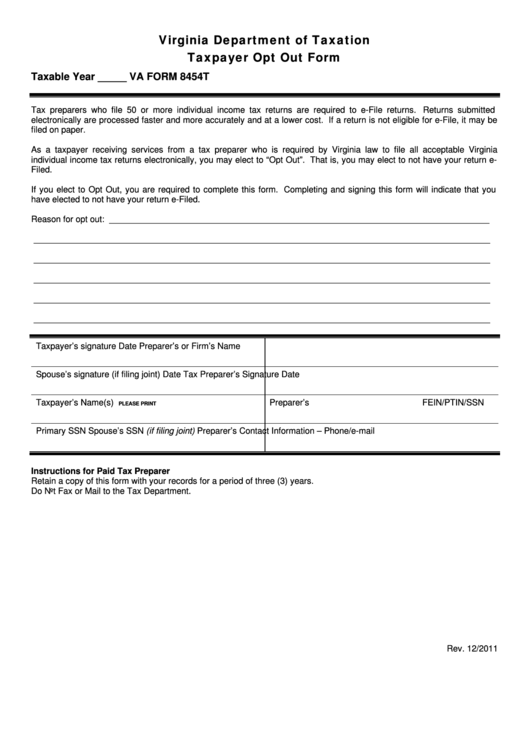 Va Form 8454t - Taxpayer Opt Out Form - Virginia Department Of Taxation Printable pdf