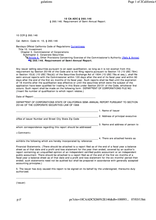 Requirement Of Semi-Annual Report Form - Department Of Corporations State Of California (2013) Printable pdf