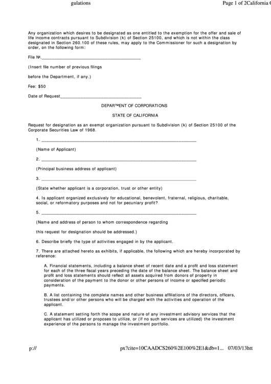 Request For Designation As An Exempt Organization Pursuant To Subdivision Form - State Of California Department Of Corporations Printable pdf