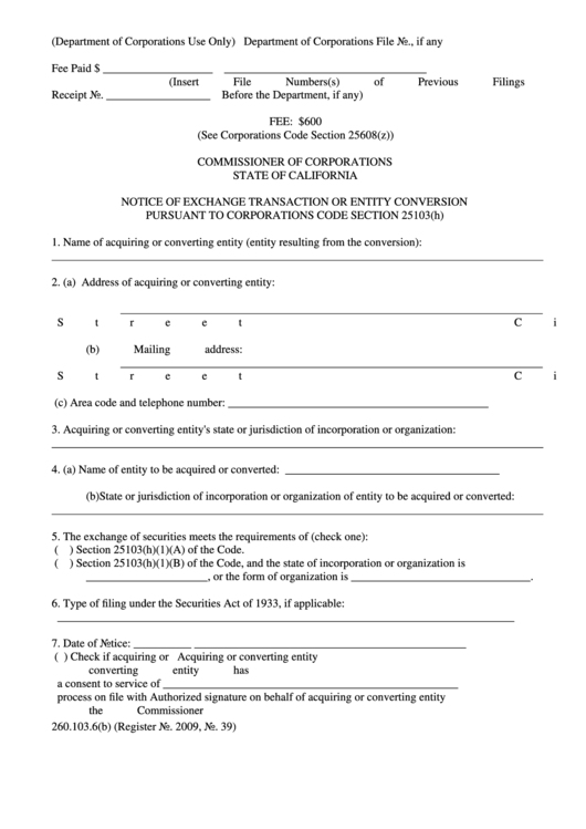 Notice Of Exchange Transaction Or Entity Conversion Pursuant To Corporations Code Section 25103(H) - State Of California Commissioner Of Corporations Printable pdf