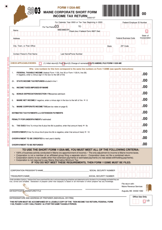 Form 1120a-Me - Maine Corporate Short Form Income Tax Return - 2003 Printable pdf