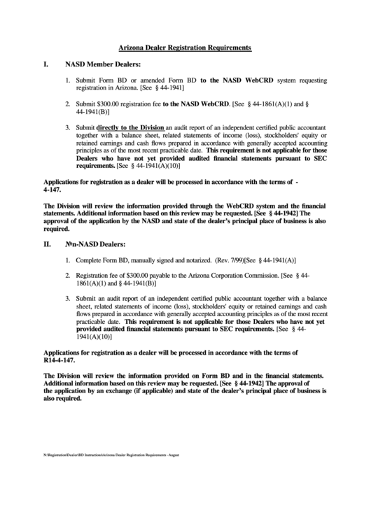 Arizona Dealer Registration Requirements - Securities Division, Arizona Corporation Commission Printable pdf