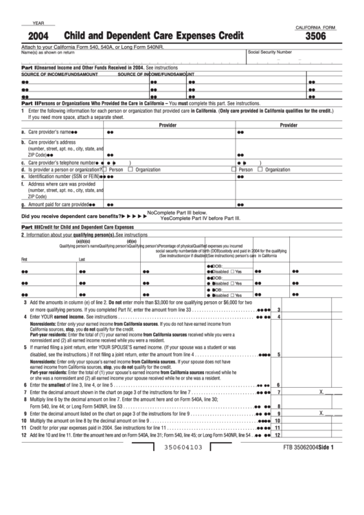 California Form 3506 - Child And Dependent Care Expenses Credit - 2004 Printable pdf