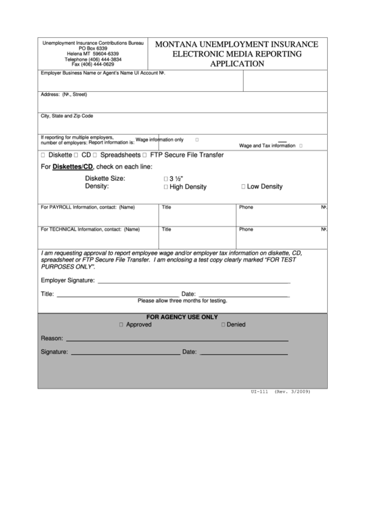 Form Ui-111 - Montana Unemployment Insurance Electronic Media Reporting Application Printable pdf