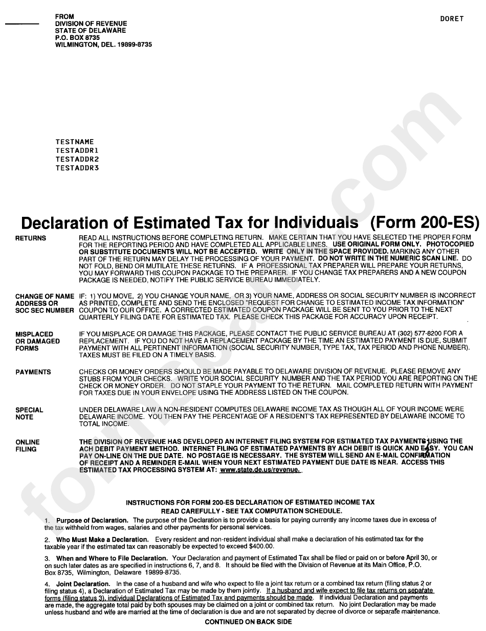 Form 200es - Declaration Of Estimated Tax For Individuals
