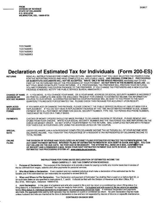 Form 200es - Declaration Of Estimated Tax For Individuals Printable pdf