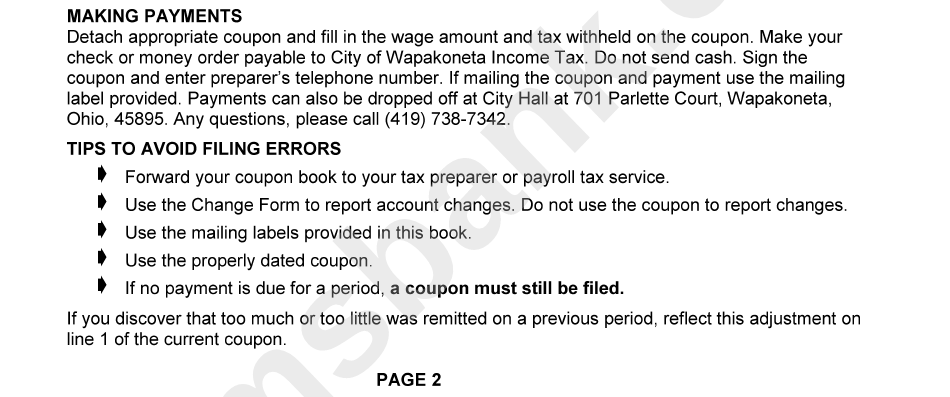 Instructions - Wages Tax - Ohio, City Of Wapakoneta