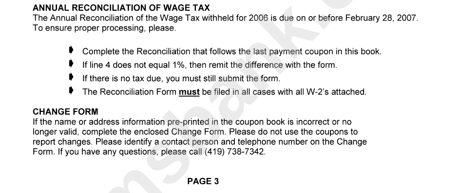 Instructions - Wages Tax - Ohio, City Of Wapakoneta