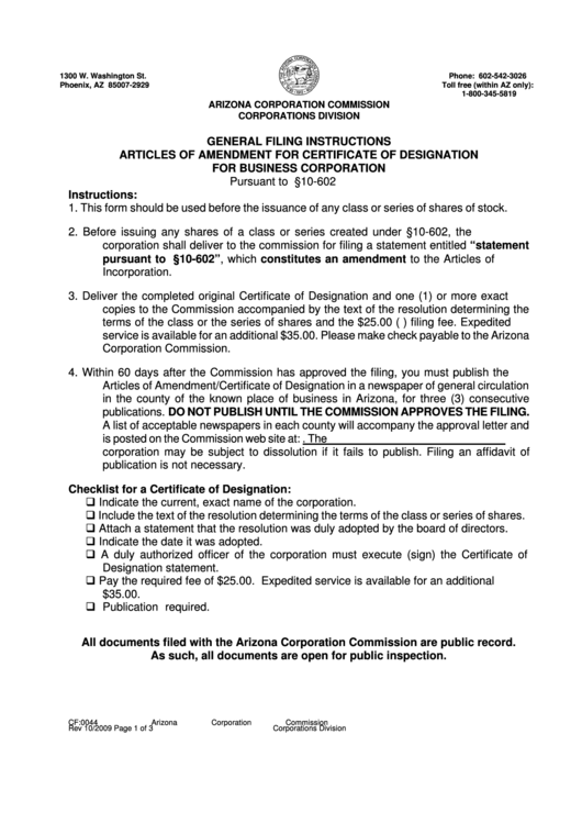 Form Cf:0044 - Articles Of Amendment Certificate Of Designation Printable pdf