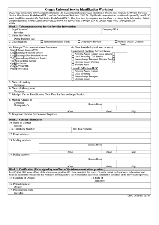 Form Opuc Ous1 - Oregon Universal Service Identification Worksheet ...