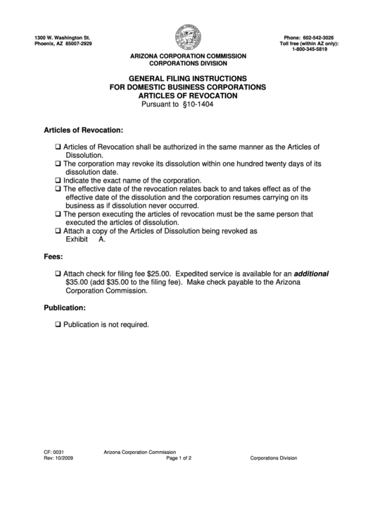 Form Cf: 0031 - Articles Of Revocation Of Articles Of Dissolution Domestic Business Corporation Printable pdf