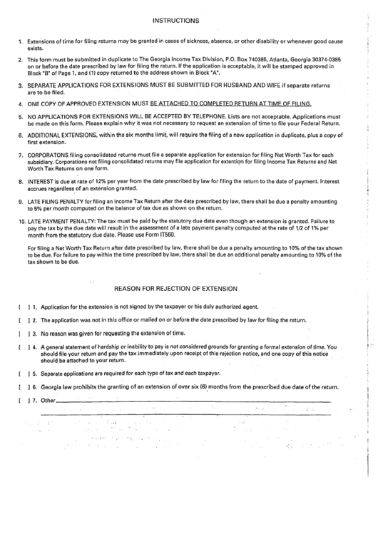 Instructions For Extensions Of Time For Filing Returns - Georgia Income Tax Division Printable pdf