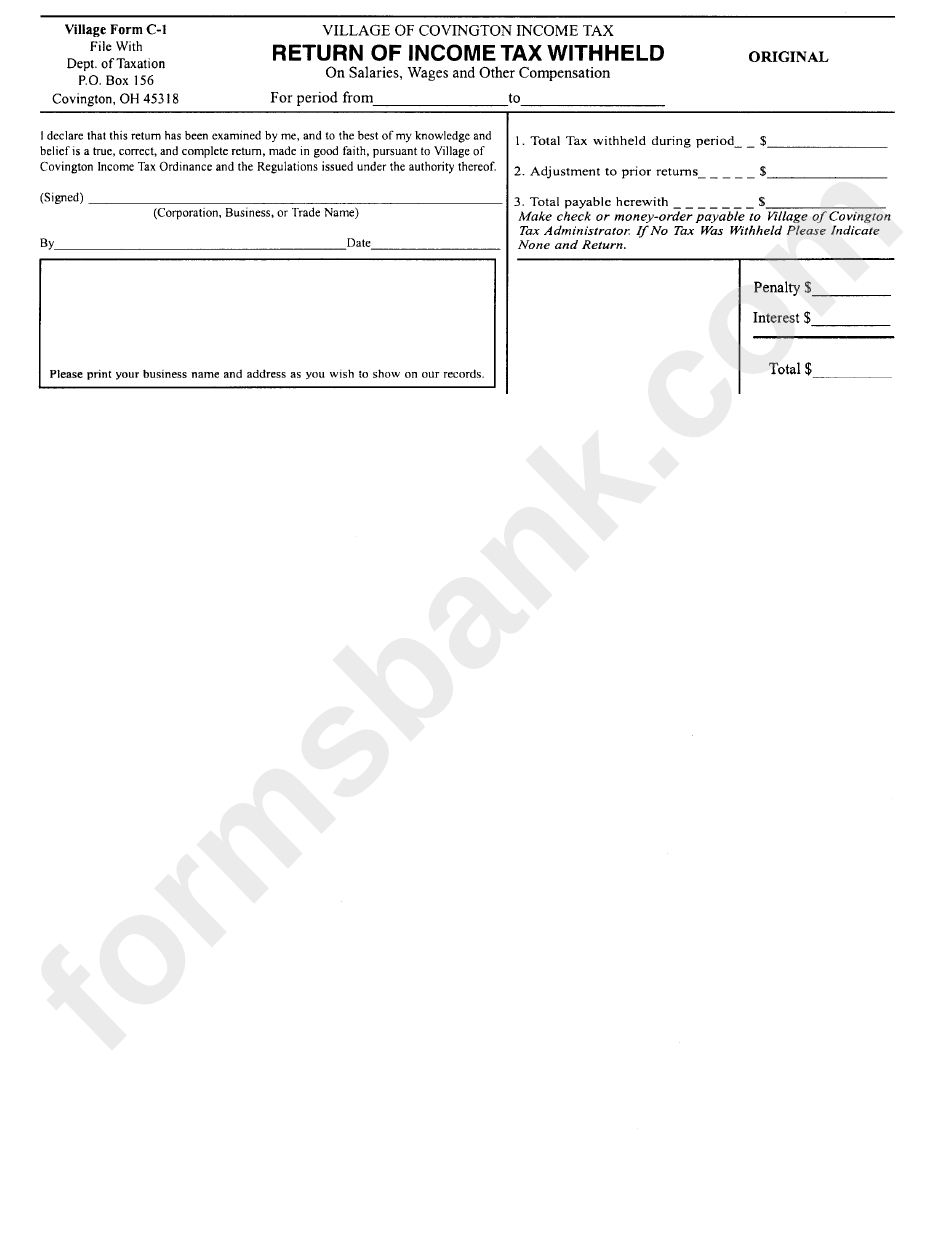 Form C-1 - Return Of Income Tax Withheld - Village Of Covington