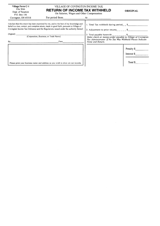 Form C-1 - Return Of Income Tax Withheld - Village Of Covington Printable pdf