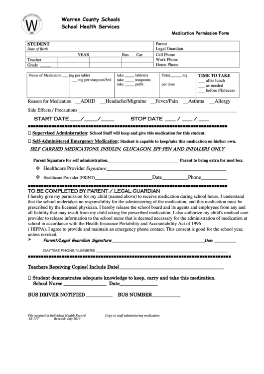 Medication Permission Form Printable pdf