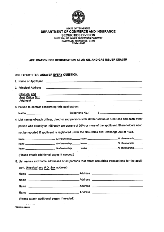 Form In-0911 - Application For Registration As An Oil And Gas Issuer Dealer Printable pdf