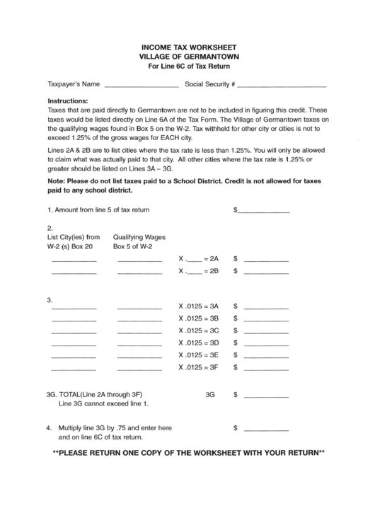 Income Tax Worksheet - Village Of Germantown Printable pdf