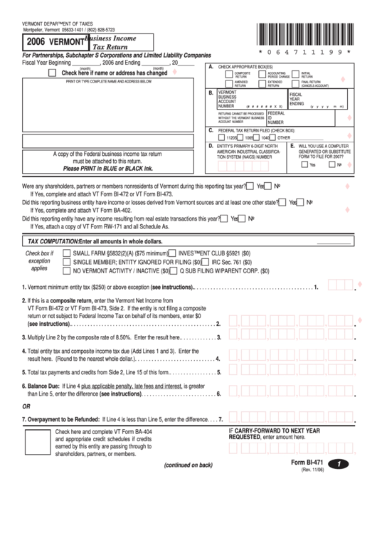 Form Bi-471 - Business Income Tax Return - 2006 Printable pdf