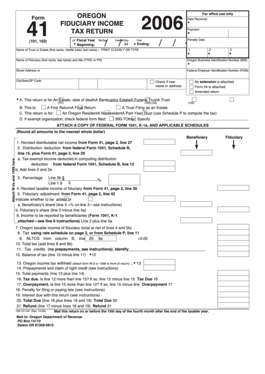 Fillable Form 41 - Oregon Fiduciary Income Tax Return - 2006 Printable pdf