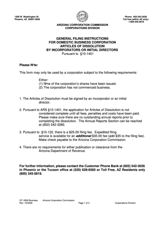 Form Cf: 0029 - Articles Of Dissolution By Incorporators Or Initial Directors - 2009 Printable pdf