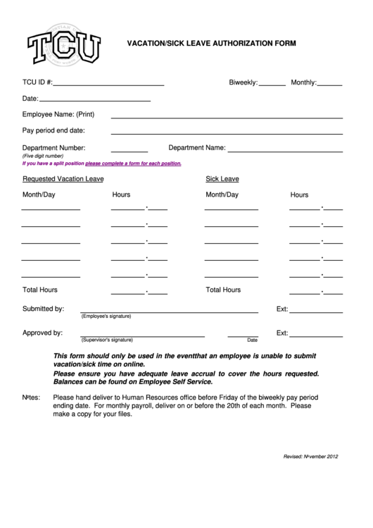 Vacation/sick Leave Authorization Form