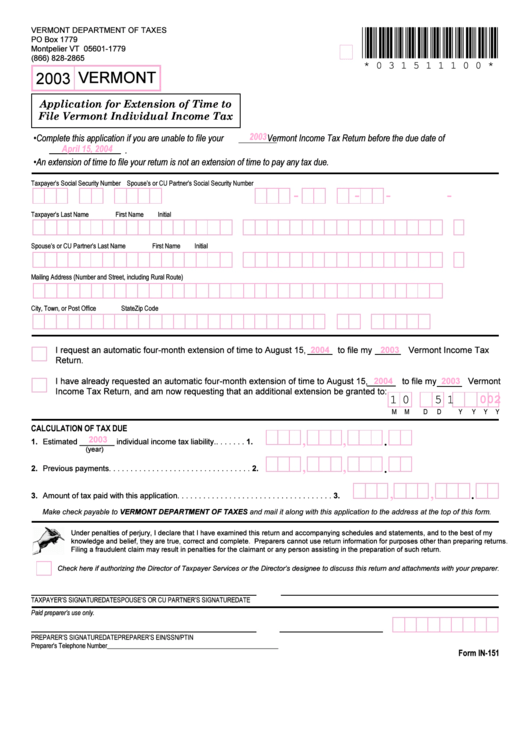 Form In-151 - Aplication For Extension Of Time To File Vermont Individual Income Tax - 2003 Printable pdf