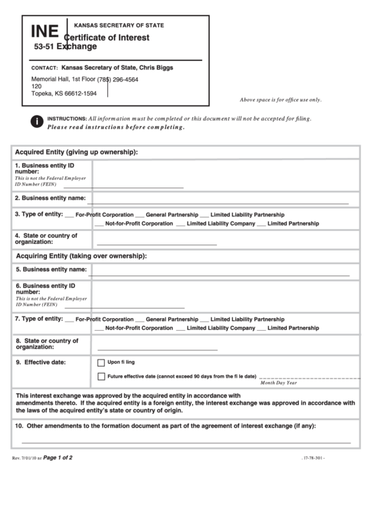 Form Ine 53-51 - Certificate Of Interest Exchange - Kansas Secretary Of State Printable pdf