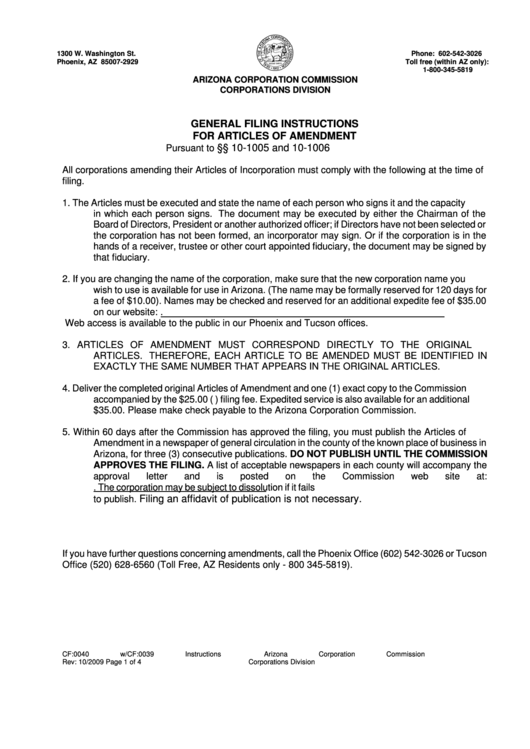 Form Cf:0040 - Articles Of Amendment Printable pdf