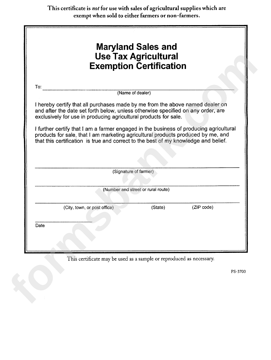 Form Ps 3700 Sales And Use Tax Agricultural Exemption Certificate 