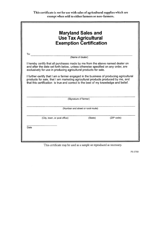 Form Ps-3700 - Sales And Use Tax Agricultural Exemption Certificate Printable pdf