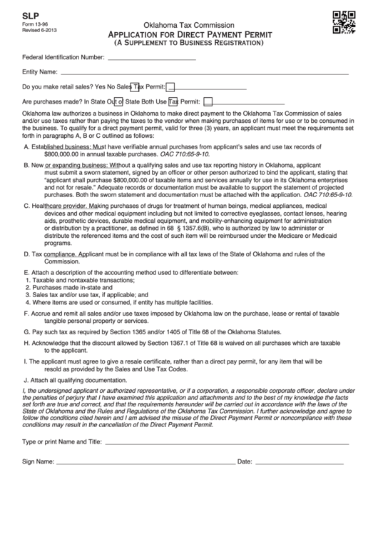 Fillable Form 13-96 - Application For Direct Payment Permit - Oklahoma Tax Commission Printable pdf