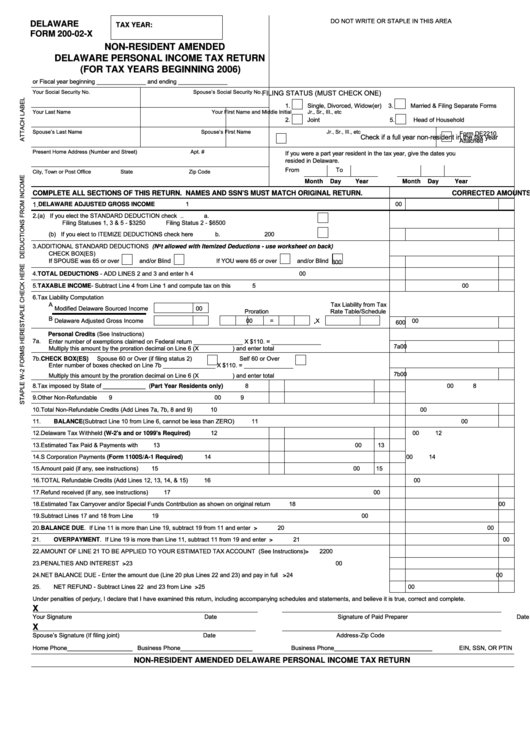 Fillable Form 200-02-X - Non-Resident Amended Delaware Personal Income Tax Return - 2006 Printable pdf