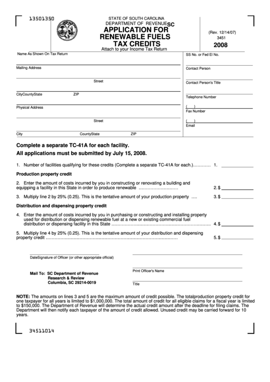 Form Sc Sch.tc-41a - Application For Renewable Fuels Tax Credits Printable pdf