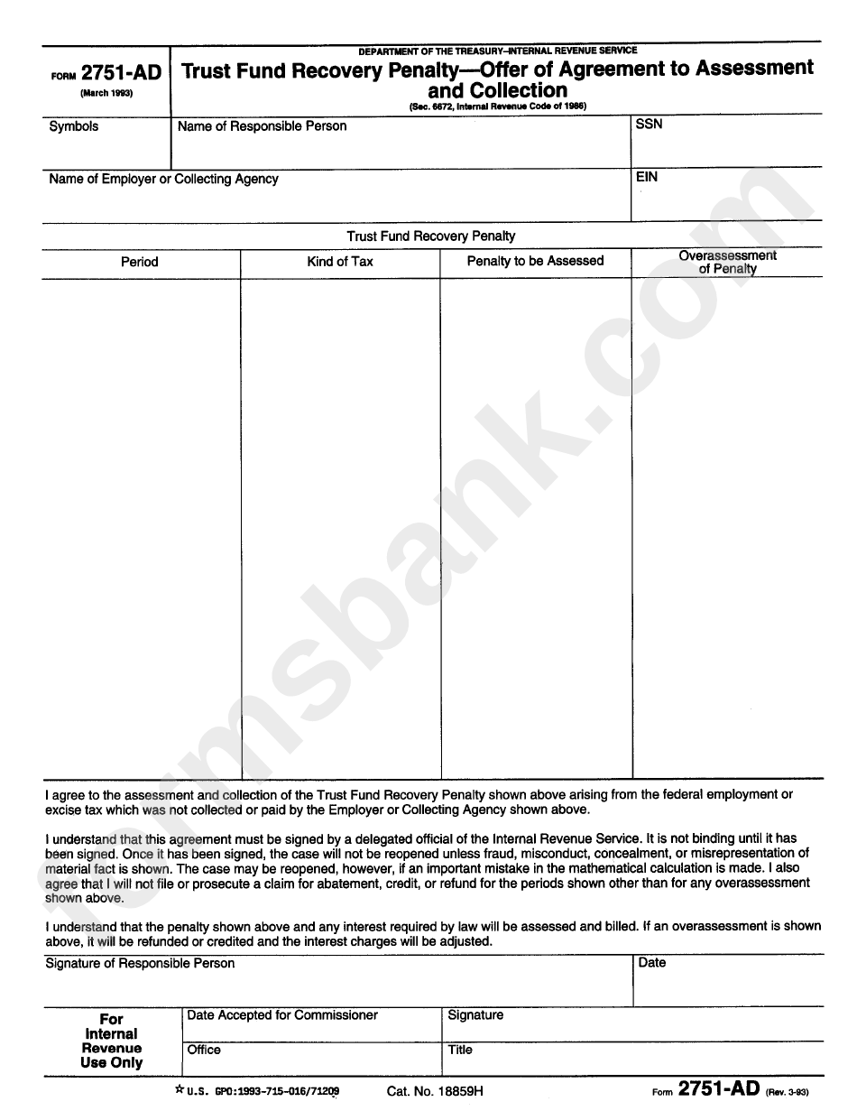 Form 2751-Ad - Trust Fund Recovery Penalty - Offer Of Agreement To Assessment And Collection