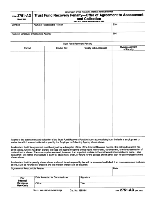 Form 2751-Ad - Trust Fund Recovery Penalty - Offer Of Agreement To Assessment And Collection Printable pdf