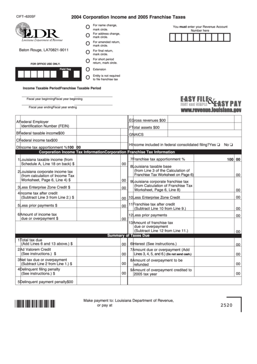 Fillable Form Cift-620sf - 2004 Corporation Income And 2005 Franchise Taxes Printable pdf