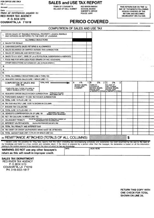 Sales And Use Tax Teport - Town Of Coushatta Printable pdf