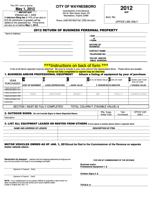 Form Cr-1 - Return Of Business Personal Property - Waynesboro Commissioner Of The Revenue - 2012 Printable pdf