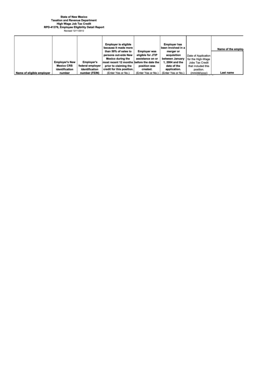 High Wage Job Tax Credit Rpd-41376, Employee Eligibility Detail Report - New Mexico Taxation And Revenue Department Printable pdf