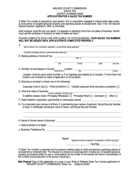 Fillable Application For A Sales Tax Number - Walker County Printable pdf